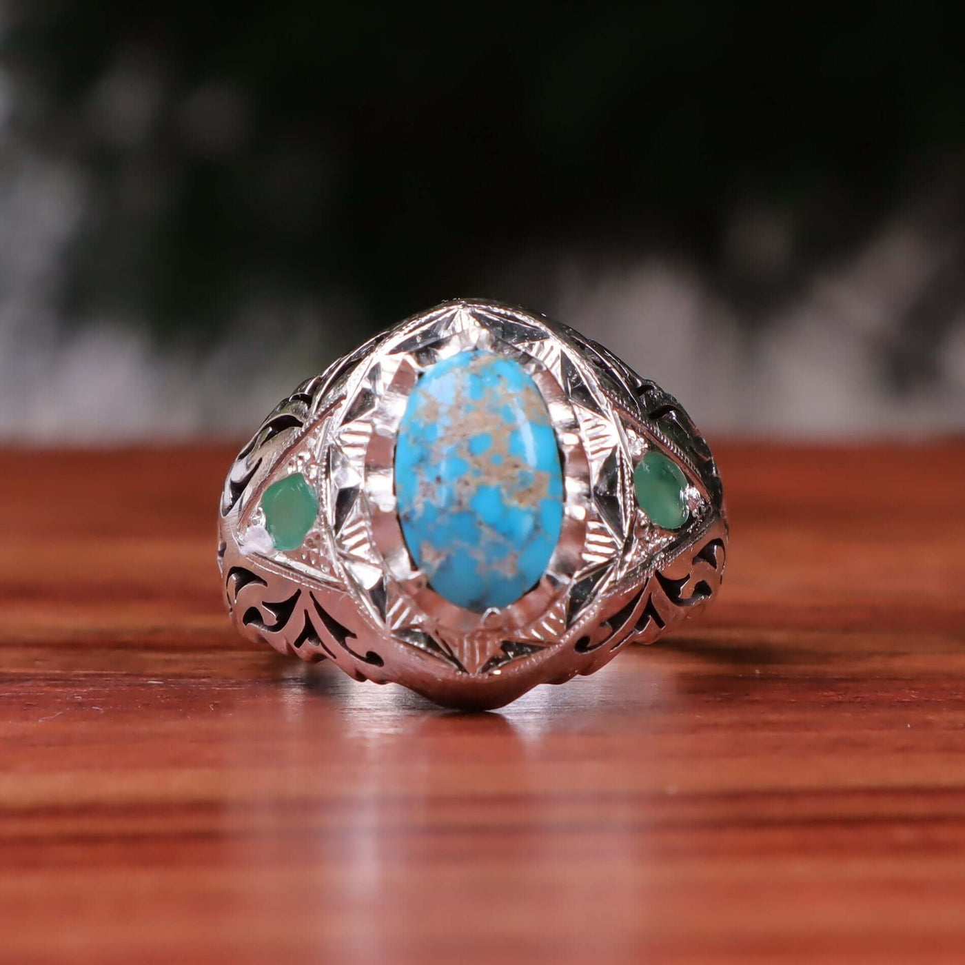 Nyshapuri Feroza Stone Ring | Natural Blue Turquoise Stone Ring With 2 Emeralds Stones | Sterling Silver 92.5 | Geniune Feroza Stone | US Size 10.75 - AlAliGems