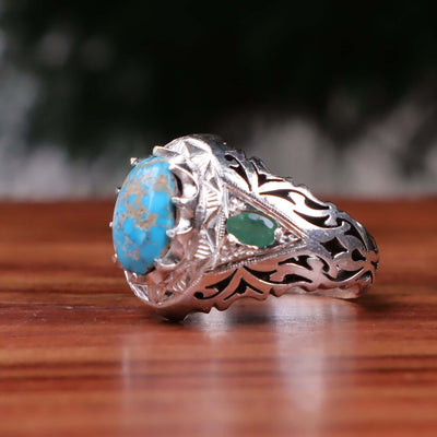 Nyshapuri Feroza Stone Ring | Natural Blue Turquoise Stone Ring With 2 Emeralds Stones | Sterling Silver 92.5 | Geniune Feroza Stone | US Size 10.75 - AlAliGems