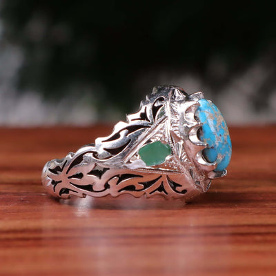 Nyshapuri Feroza Stone Ring | Natural Blue Turquoise Stone Ring With 2 Emeralds Stones | Sterling Silver 92.5 | Geniune Feroza Stone | US Size 10.75 - AlAliGems