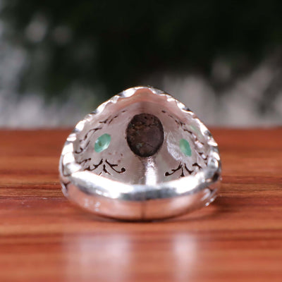 Nyshapuri Feroza Stone Ring | Natural Blue Turquoise Stone Ring With 2 Emeralds Stones | Sterling Silver 92.5 | Geniune Feroza Stone | US Size 10.75 - AlAliGems