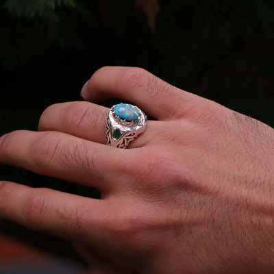 Nyshapuri Feroza Stone Ring | Natural Blue Turquoise Stone Ring With 2 Emeralds Stones | Sterling Silver 92.5 | Geniune Feroza Stone | US Size 10.75 - AlAliGems