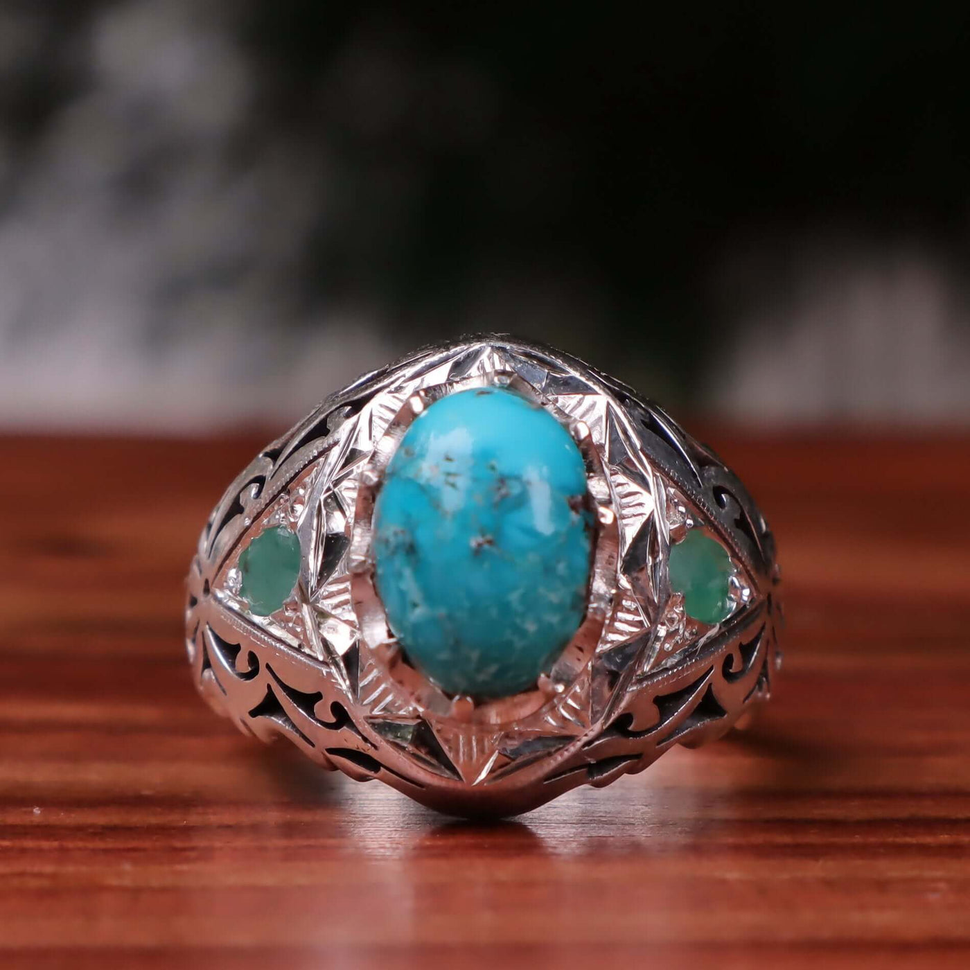 Nyshapuri Feroza Stone Ring | Natural Blue Turquoise Stone Ring With 2 Emeralds Stones | Sterling Silver 92.5 | Geniune Feroza Stone | US Size 11 - AlAliGems