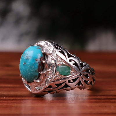 Nyshapuri Feroza Stone Ring | Natural Blue Turquoise Stone Ring With 2 Emeralds Stones | Sterling Silver 92.5 | Geniune Feroza Stone | US Size 11 - AlAliGems