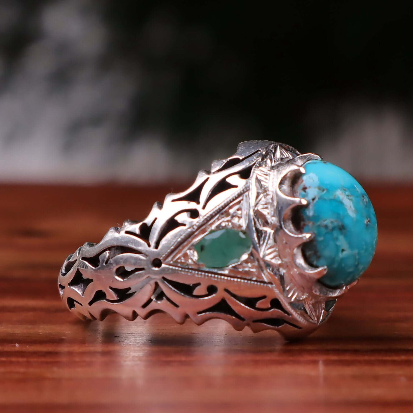 Nyshapuri Feroza Stone Ring | Natural Blue Turquoise Stone Ring With 2 Emeralds Stones | Sterling Silver 92.5 | Geniune Feroza Stone | US Size 11 - AlAliGems