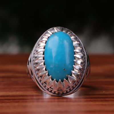 Kermani Feroza Stone Ring | Natural Blue Turquoise Stone Ring | Sterling Silver 92.5 | Geniune Feroza Stone | US Size 9.5 - AlAliGems