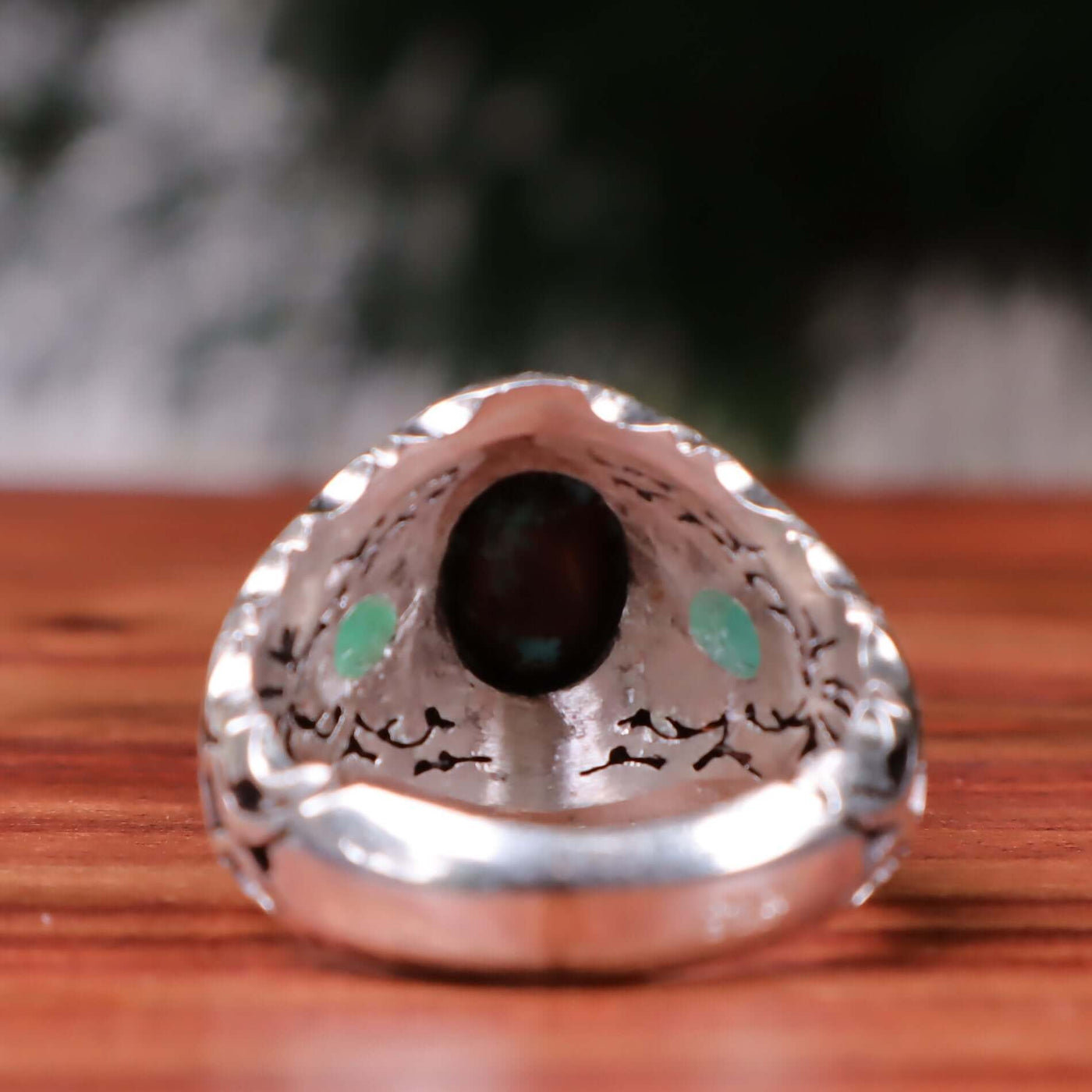Nyshapuri Feroza Stone Ring | Natural Blue Turquoise Stone Ring With 2 Emeralds Stones | Sterling Silver 92.5 | Geniune Feroza Stone | US Size 11 - AlAliGems
