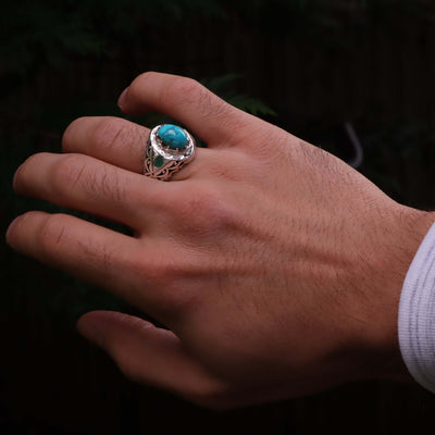 Nyshapuri Feroza Stone Ring | Natural Blue Turquoise Stone Ring With 2 Emeralds Stones | Sterling Silver 92.5 | Geniune Feroza Stone | US Size 11 - AlAliGems