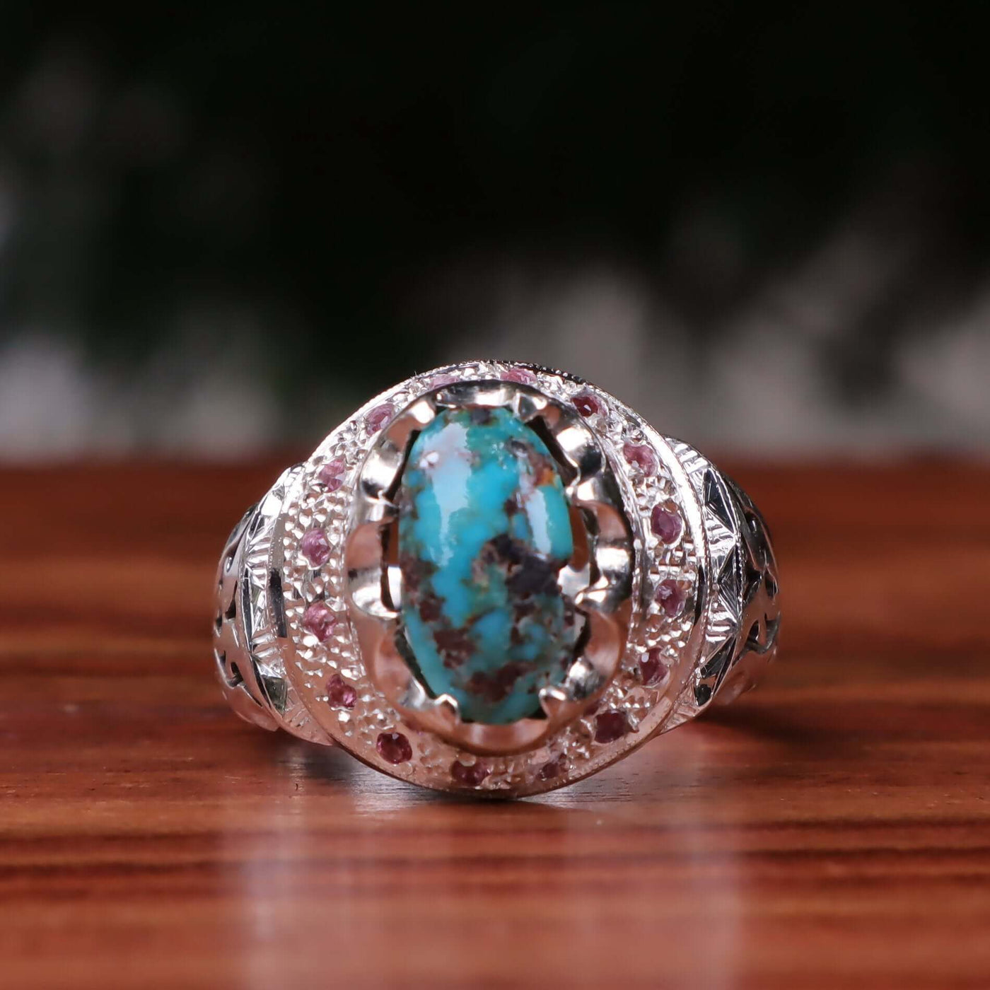 Nyshapuri Feroza Stone Ring | Natural Blue Turquoise Stone Ring With Pink Coloerd Stones | Sterling Silver 92.5 | Geniune Feroza Stone | US Size 11 - AlAliGems