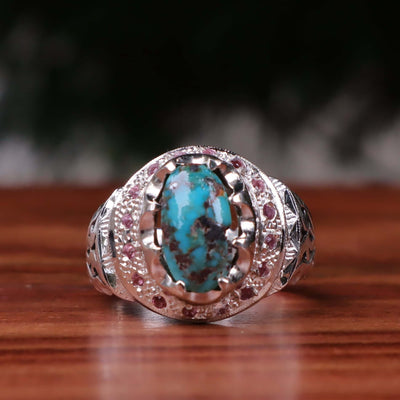 Nyshapuri Feroza Stone Ring | Natural Blue Turquoise Stone Ring With Pink Coloerd Stones | Sterling Silver 92.5 | Geniune Feroza Stone | US Size 11 - AlAliGems