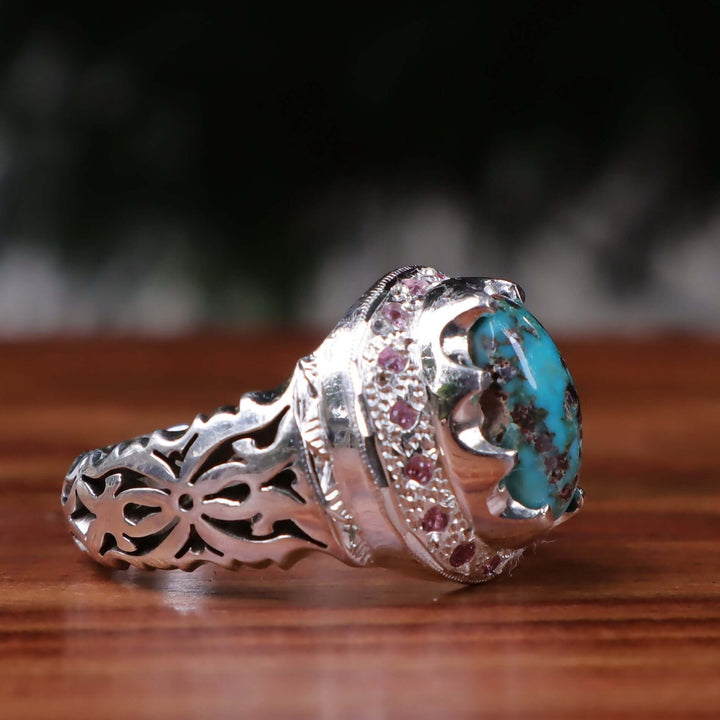 Nyshapuri Feroza Stone Ring | Natural Blue Turquoise Stone Ring With Pink Coloerd Stones | Sterling Silver 92.5 | Geniune Feroza Stone | US Size 11 - AlAliGems