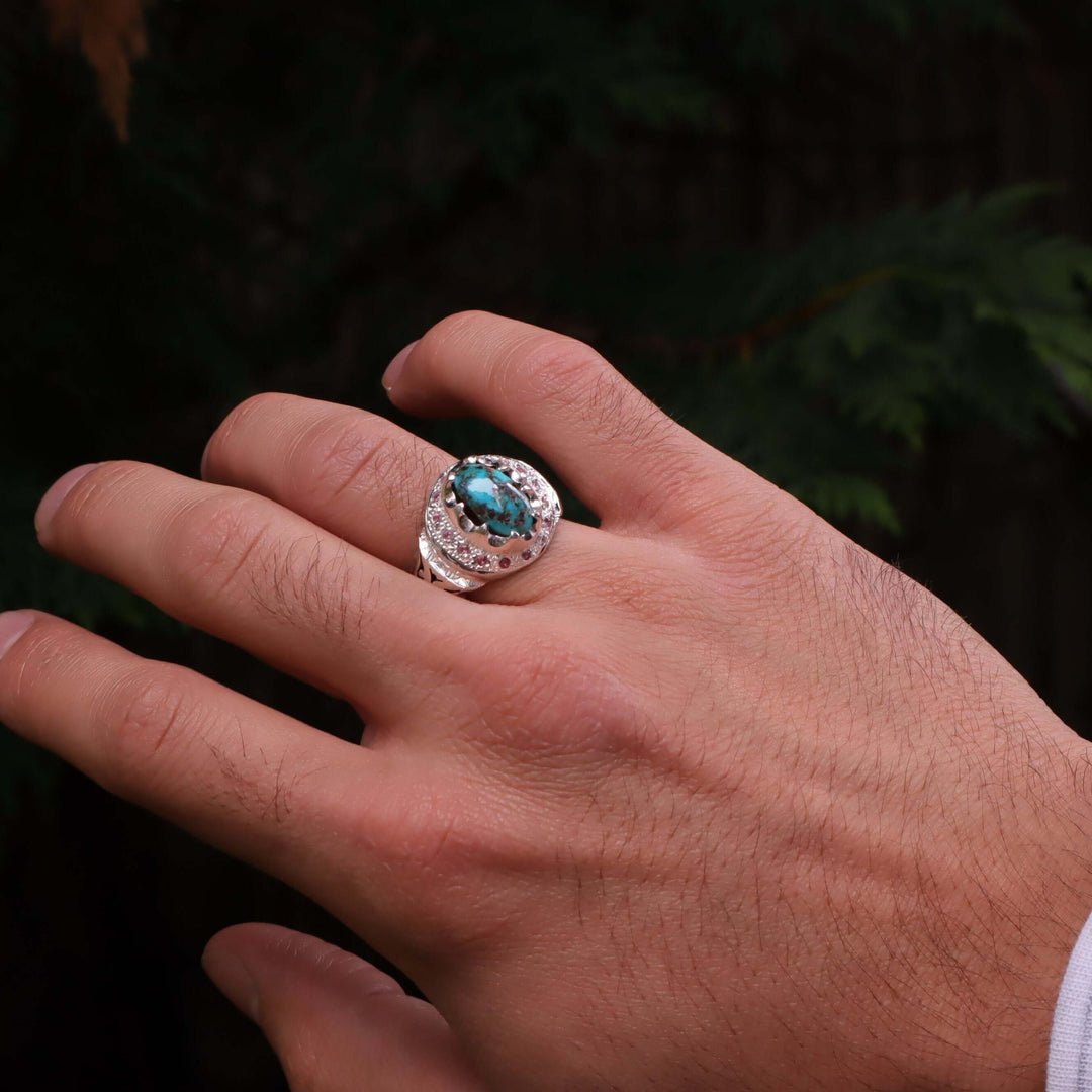 Nyshapuri Feroza Stone Ring | Natural Blue Turquoise Stone Ring With Pink Coloerd Stones | Sterling Silver 92.5 | Geniune Feroza Stone | US Size 11 - AlAliGems