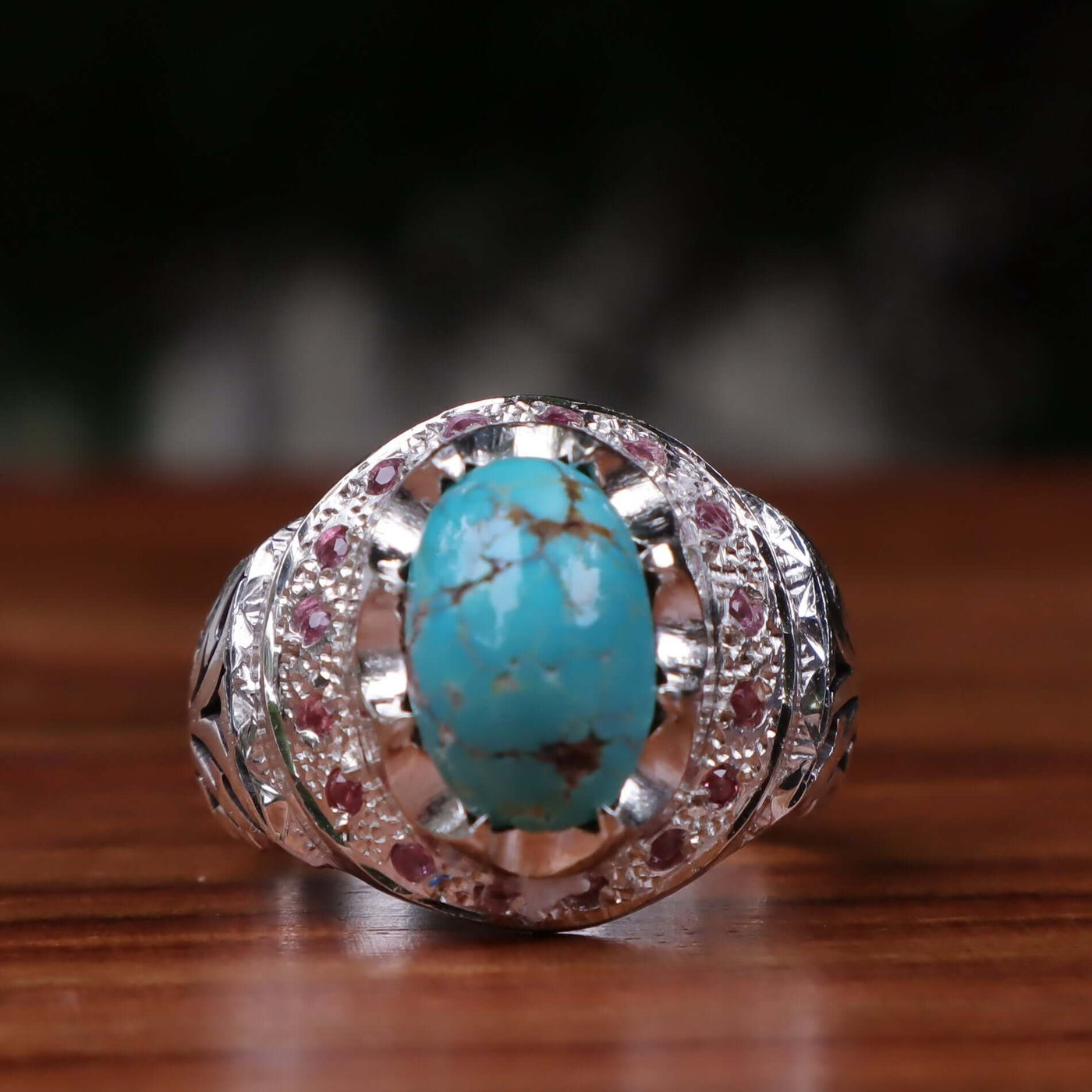 Nyshapuri Feroza Stone Ring | Natural Blue Turquoise Stone Ring With Pink Coloerd Stones | Sterling Silver 92.5 | Geniune Feroza Stone | US Size 10 - AlAliGems