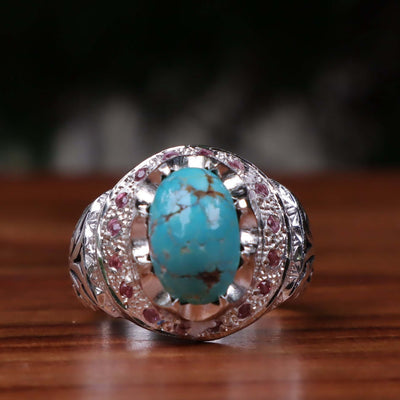 Nyshapuri Feroza Stone Ring | Natural Blue Turquoise Stone Ring With Pink Coloerd Stones | Sterling Silver 92.5 | Geniune Feroza Stone | US Size 10 - AlAliGems