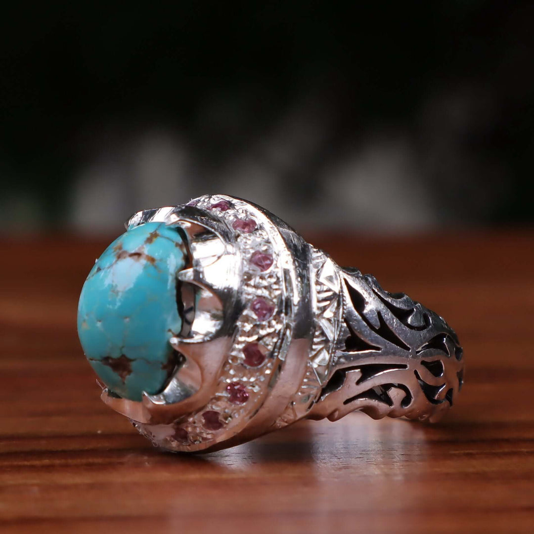 Nyshapuri Feroza Stone Ring | Natural Blue Turquoise Stone Ring With Pink Coloerd Stones | Sterling Silver 92.5 | Geniune Feroza Stone | US Size 10 - AlAliGems