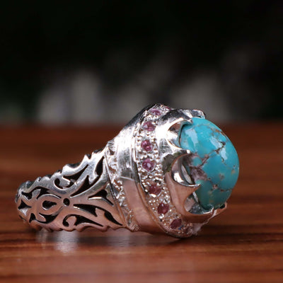 Nyshapuri Feroza Stone Ring | Natural Blue Turquoise Stone Ring With Pink Coloerd Stones | Sterling Silver 92.5 | Geniune Feroza Stone | US Size 10 - AlAliGems