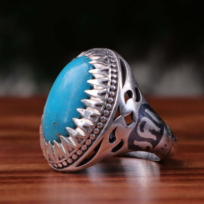 Kermani Feroza Stone Ring | Natural Blue Turquoise Stone Ring | Sterling Silver 92.5 | Geniune Feroza Stone | US Size 9.5 - AlAliGems