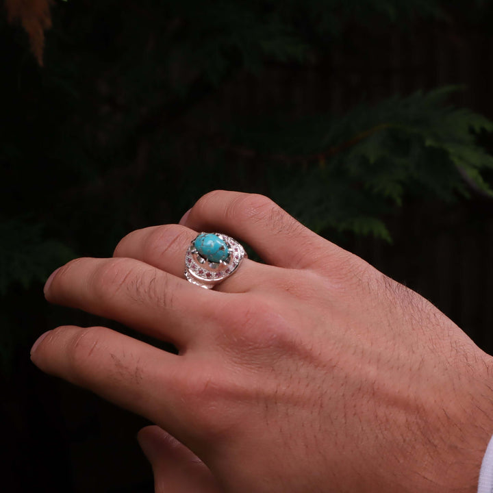 Nyshapuri Feroza Stone Ring | Natural Blue Turquoise Stone Ring With Pink Coloerd Stones | Sterling Silver 92.5 | Geniune Feroza Stone | US Size 10 - AlAliGems