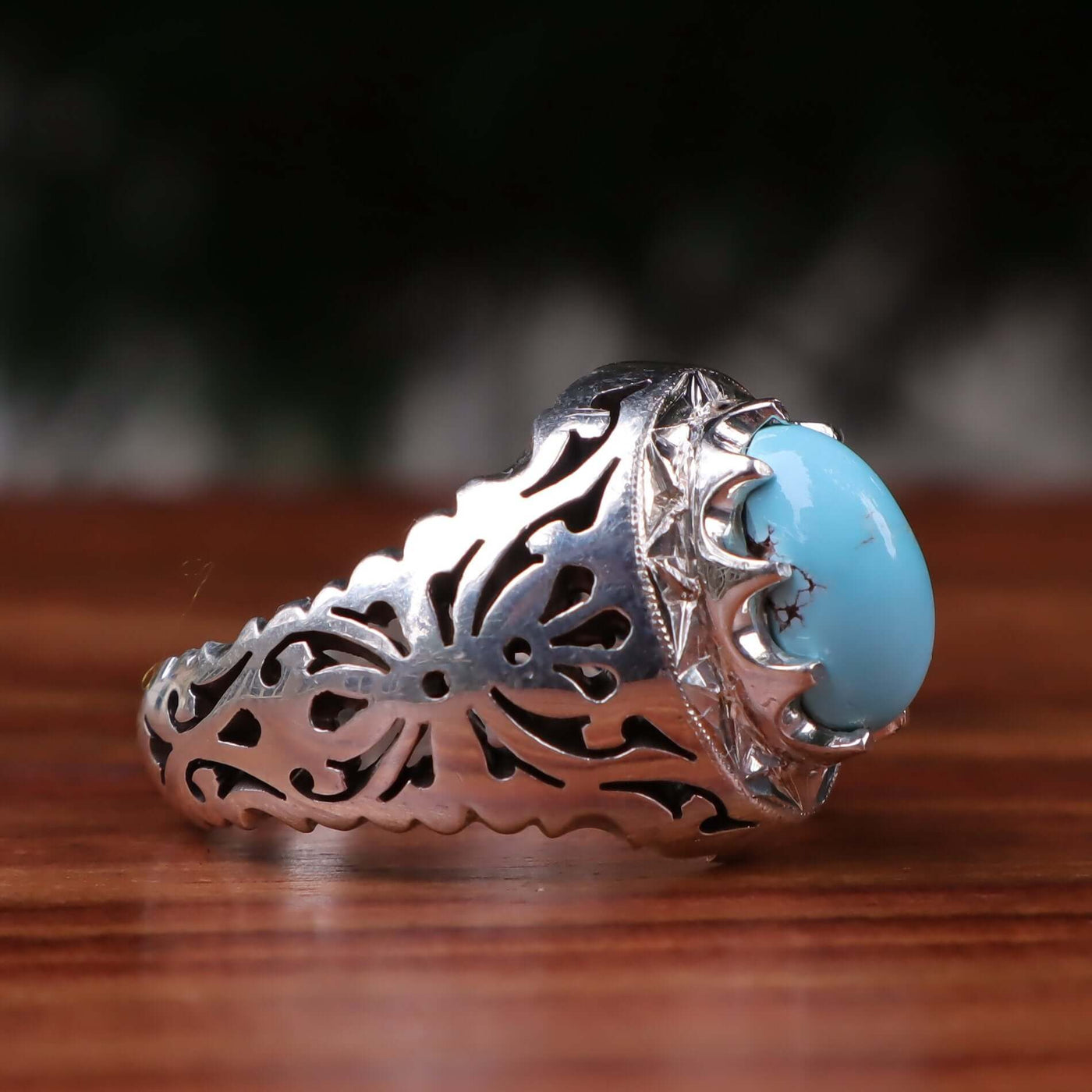 Nyshapuri Feroza Stone Ring | Natural Blue Turquoise Stone Ring | Sterling Silver 92.5 | Geniune Feroza Stone | US Size 10.5 - AlAliGems