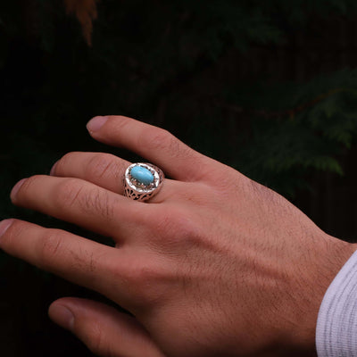 Nyshapuri Feroza Stone Ring | Natural Blue Turquoise Stone Ring | Sterling Silver 92.5 | Geniune Feroza Stone | US Size 10.5 - AlAliGems