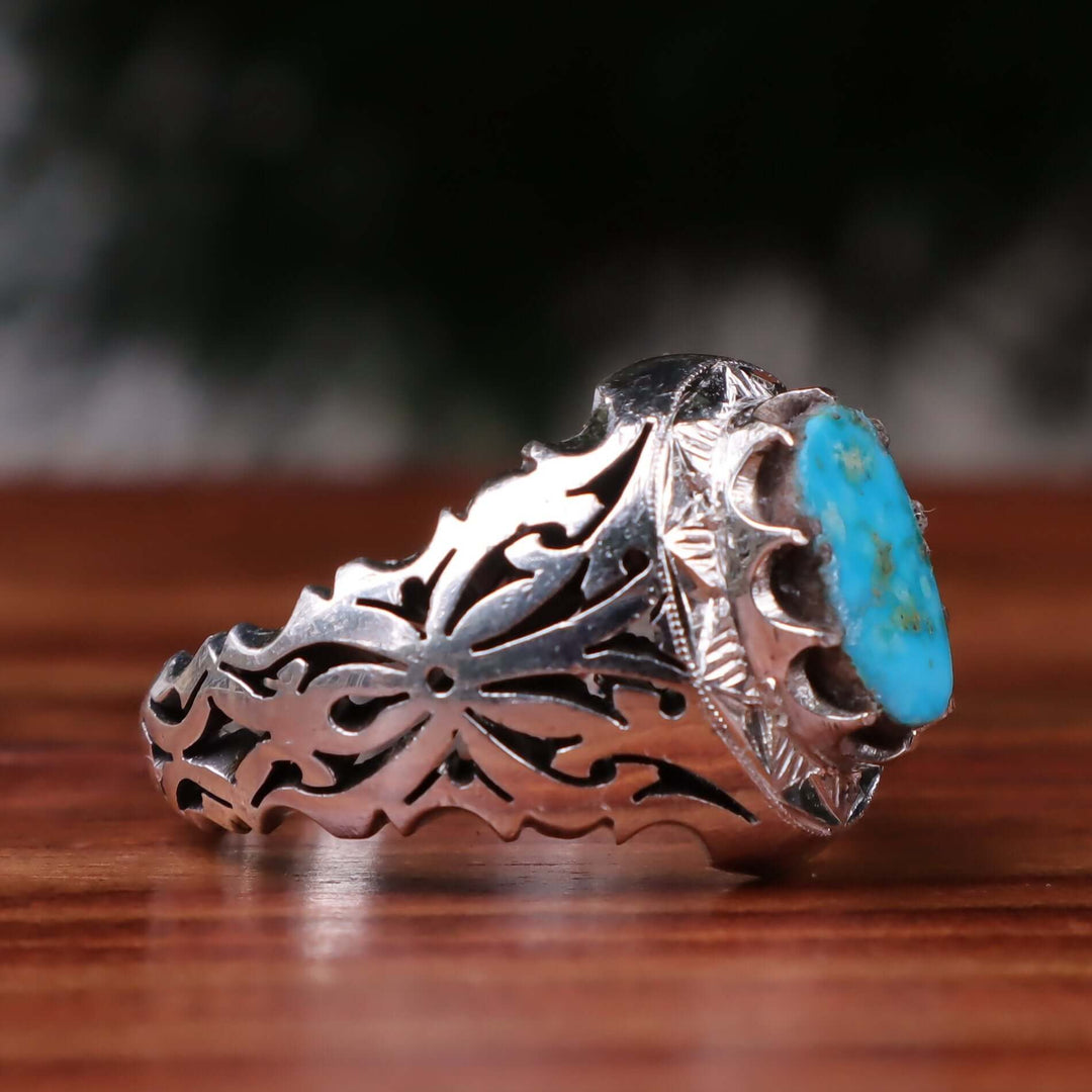 Nyshapuri Feroza Stone Ring | Natural Blue Turquoise Stone Ring | Sterling Silver 92.5 | Geniune Feroza Stone | US Size 11.5 - AlAliGems