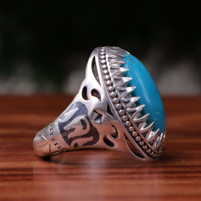 Kermani Feroza Stone Ring | Natural Blue Turquoise Stone Ring | Sterling Silver 92.5 | Geniune Feroza Stone | US Size 9.5 - AlAliGems