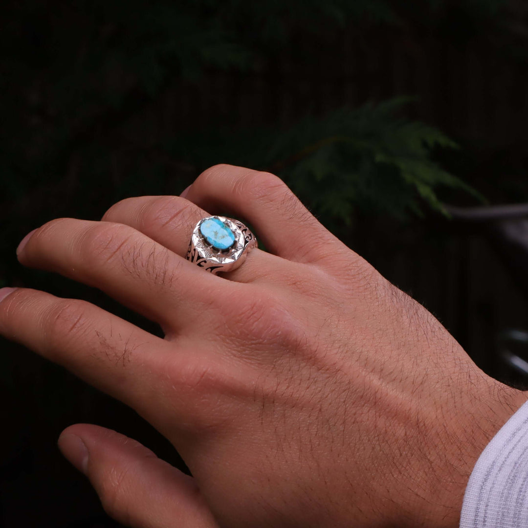 Nyshapuri Feroza Stone Ring | Natural Blue Turquoise Stone Ring | Sterling Silver 92.5 | Geniune Feroza Stone | US Size 11.5 - AlAliGems