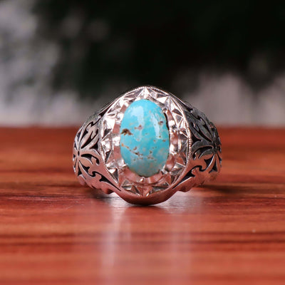 Nyshapuri Feroza Stone Ring | Natural Blue Turquoise Stone Ring | Sterling Silver 92.5 | Geniune Feroza Stone | US Size 11 - AlAliGems