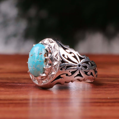 Nyshapuri Feroza Stone Ring | Natural Blue Turquoise Stone Ring | Sterling Silver 92.5 | Geniune Feroza Stone | US Size 11 - AlAliGems