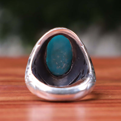 Kermani Feroza Stone Ring | Natural Blue Turquoise Stone Ring | Sterling Silver 92.5 | Geniune Feroza Stone | US Size 9.5 - AlAliGems