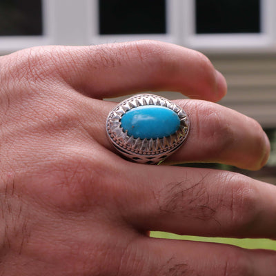 Kermani Feroza Stone Ring | Natural Blue Turquoise Stone Ring | Sterling Silver 92.5 | Geniune Feroza Stone | US Size 9.5 - AlAliGems