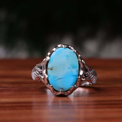 Nyshapuri Feroza Stone Ring | Natural Blue Turquoise Stone Ring | Sterling Silver 92.5 | Geniune Feroza Stone | US Size 10.25 - AlAliGems