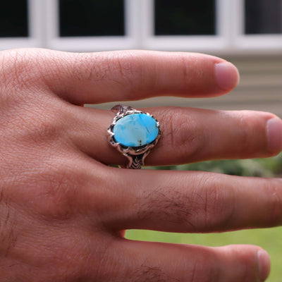 Nyshapuri Feroza Stone Ring | Natural Blue Turquoise Stone Ring | Sterling Silver 92.5 | Geniune Feroza Stone | US Size 10.25 - AlAliGems