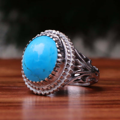 Kermani Feroza Stone Ring | Natural Blue Turquoise Stone Ring | Sterling Silver 92.5 | Geniune Feroza Stone | US Size 11 - AlAliGems