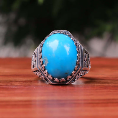 Kermani Feroza Stone Ring | Natural Blue Turquoise Stone Ring | Sterling Silver 92.5 | Geniune Feroza Stone | US Size 11.5 - AlAliGems