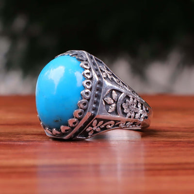 Kermani Feroza Stone Ring | Natural Blue Turquoise Stone Ring | Sterling Silver 92.5 | Geniune Feroza Stone | US Size 11.5 - AlAliGems