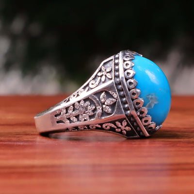 Kermani Feroza Stone Ring | Natural Blue Turquoise Stone Ring | Sterling Silver 92.5 | Geniune Feroza Stone | US Size 11.5 - AlAliGems
