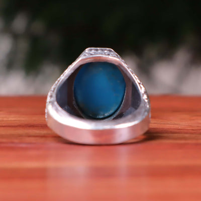 Kermani Feroza Stone Ring | Natural Blue Turquoise Stone Ring | Sterling Silver 92.5 | Geniune Feroza Stone | US Size 11.5 - AlAliGems