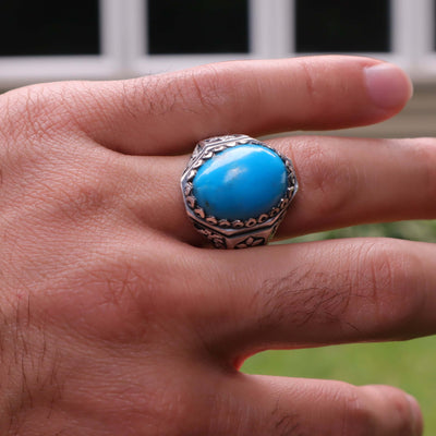 Kermani Feroza Stone Ring | Natural Blue Turquoise Stone Ring | Sterling Silver 92.5 | Geniune Feroza Stone | US Size 11.5 - AlAliGems
