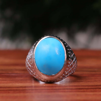 Kermani Feroza Stone Ring | Natural Blue Turquoise Stone Ring | Sterling Silver 92.5 | Geniune Feroza Stone | US Size 8.75 - AlAliGems