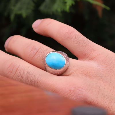 Kermani Feroza Stone Ring | Natural Blue Turquoise Stone Ring | Sterling Silver 92.5 | Geniune Feroza Stone | US Size 8.75 - AlAliGems