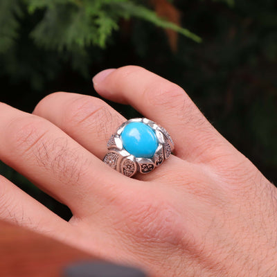 Kermani Feroza Stone Ring | Natural Blue Turquoise Stone Ring | Sterling Silver 92.5 | Geniune Feroza Stone | US Size 13 - AlAliGems