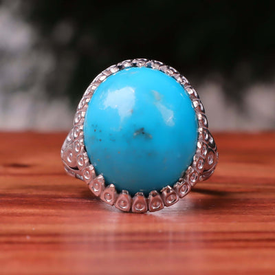 Kermani Feroza Stone Ring | Natural Blue Turquoise Stone Ring | Sterling Silver 92.5 | Geniune Feroza Stone | US Size 11.75 - AlAliGems