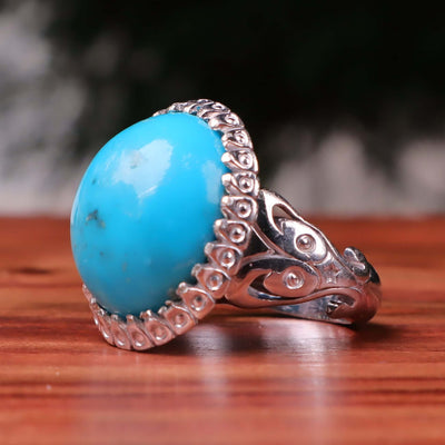 Kermani Feroza Stone Ring | Natural Blue Turquoise Stone Ring | Sterling Silver 92.5 | Geniune Feroza Stone | US Size 11.75 - AlAliGems