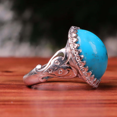 Kermani Feroza Stone Ring | Natural Blue Turquoise Stone Ring | Sterling Silver 92.5 | Geniune Feroza Stone | US Size 11.75 - AlAliGems