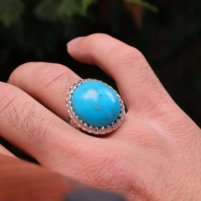 Kermani Feroza Stone Ring | Natural Blue Turquoise Stone Ring | Sterling Silver 92.5 | Geniune Feroza Stone | US Size 11.75 - AlAliGems