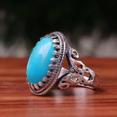 Kermani Feroza Stone Ring | Natural Blue Turquoise Stone Ring | Sterling Silver 92.5 | Geniune Feroza Stone | US Size 10 - AlAliGems