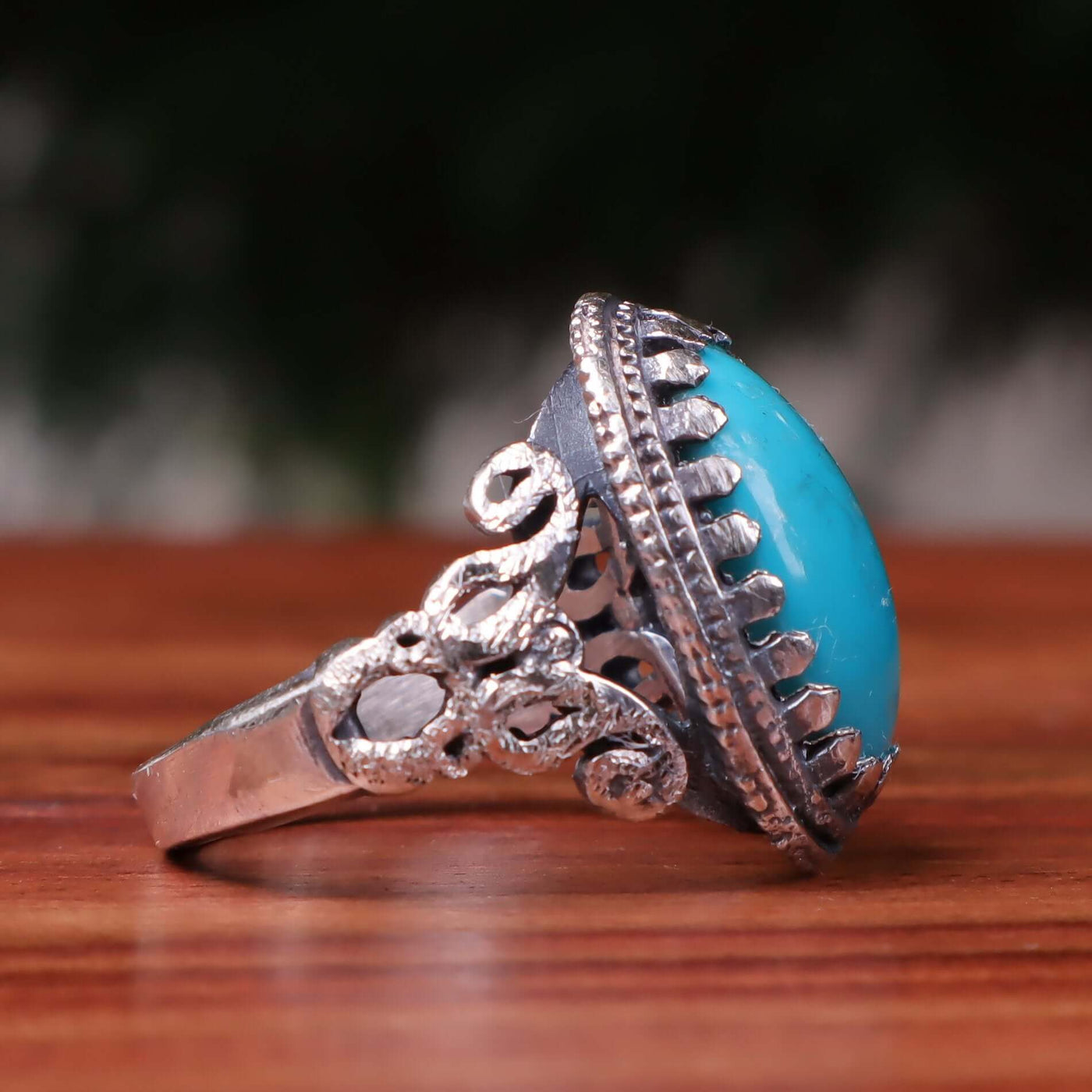Kermani Feroza Stone Ring | Natural Blue Turquoise Stone Ring | Sterling Silver 92.5 | Geniune Feroza Stone | US Size 10 - AlAliGems