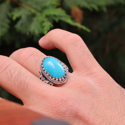 Kermani Feroza Stone Ring | Natural Blue Turquoise Stone Ring | Sterling Silver 92.5 | Geniune Feroza Stone | US Size 10 - AlAliGems