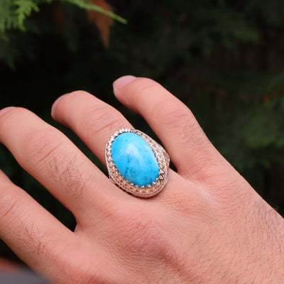 Kermani Feroza Stone Ring | Natural Blue Turquoise Stone Ring | Sterling Silver 92.5 | Geniune Feroza Stone | US Size 11 - AlAliGems