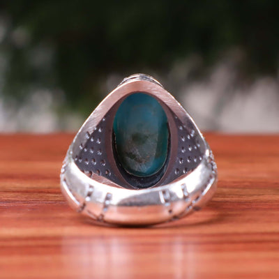 Kermani Feroza Stone Ring | Natural Blue Turquoise Stone Ring | Sterling Silver 92.5 | Geniune Feroza Stone | US Size 11 - AlAliGems